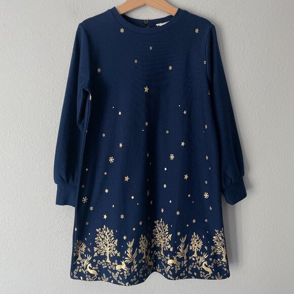 Crewcuts Girls' Printed-Border Dress Antique Navy Gold Foil Size S (6-7) - Picture 1 of 11